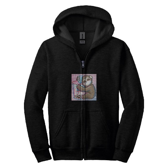 Sloth Pet Cute vaporwave art kawaii hugging sloth boba milk tea Zip Hoodies