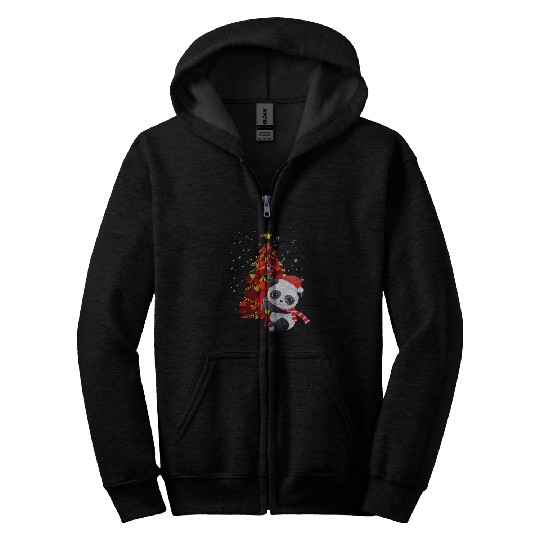Panda Pet Christmas Tree Lights Santa Hat Family Matching Outfit Zip Hoodies