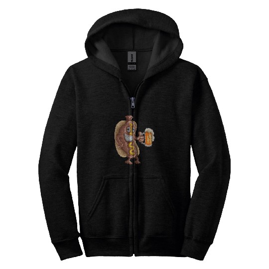 Beer Fun Hotdog Having A Beer Pixel 8 bit Art Zip Hoodies