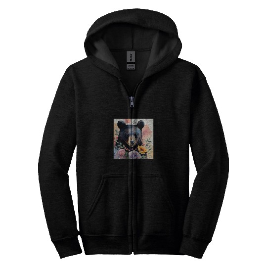 Bear Pet Black Bear Botanical Watercolor Art With Flowering Plants Zip Hoodies