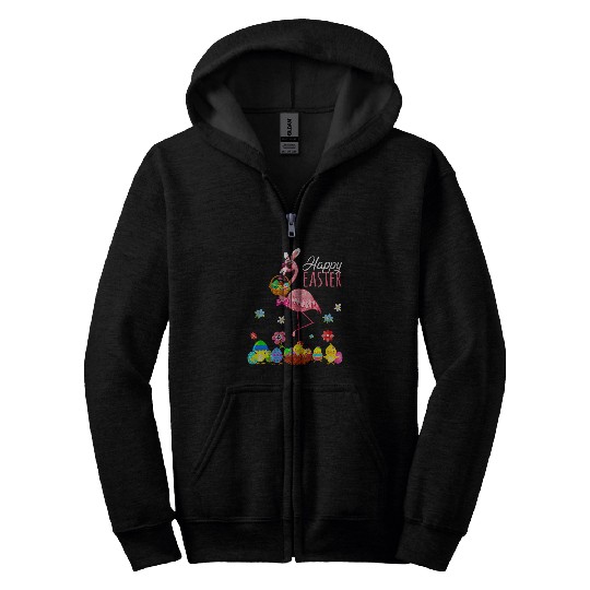 Happy Easter Flamingo With Easter Egg Basket Hunting 9 Zip Hoodies