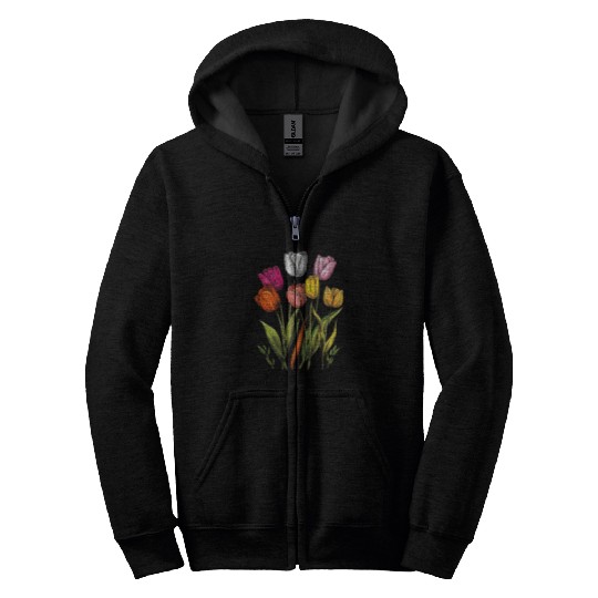 Penguin Pet Floral Bright Tulips Botanical art 1 Zip Hoodies