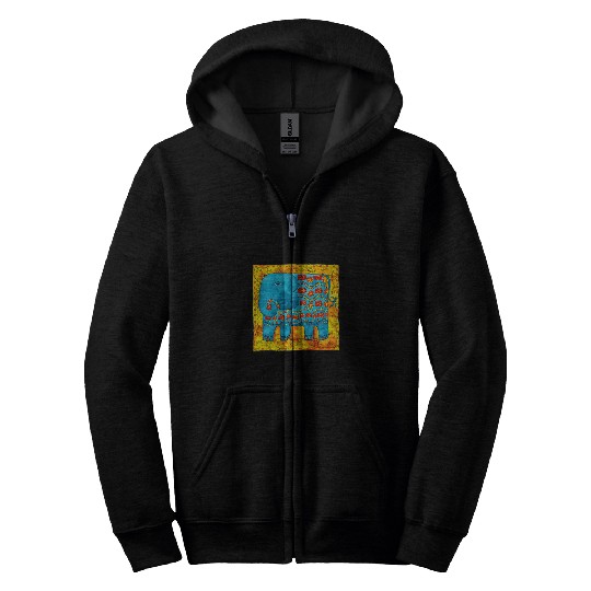 Elephant Pet Patterned Elephant Colorful Pen And Ink Drawing Artwork Zip Hoodies