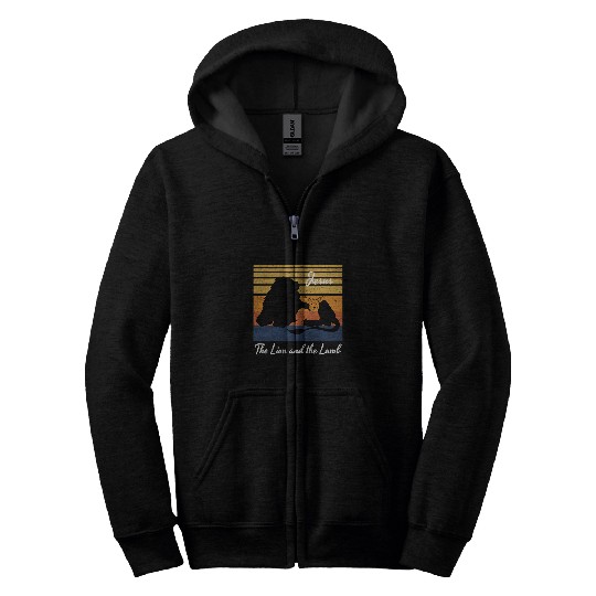 Lion Pet The Lion And The Lamb Christian Retro Jesus The Lamb Of God Zip Hoodies