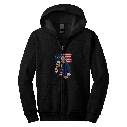 Beer Fun Boozing Benjamin Franklin With Beer Mug 4th July Funny Zip Hoodies