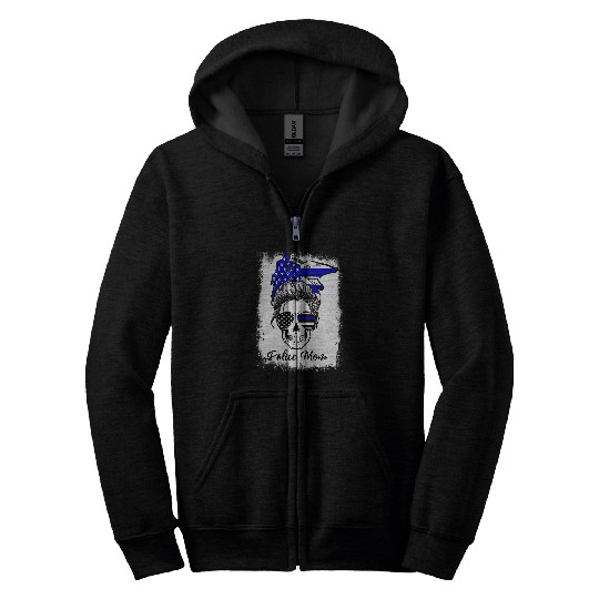 Discover Police Job Bleached Messy Bun Police Mom Back the Blue Line US Flag Zip Hoodies
