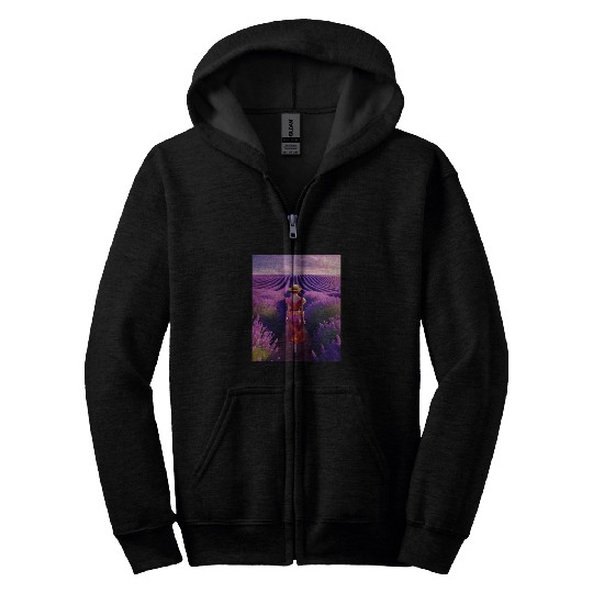 Wines Fun A woman walks through a lavender field in a cocktail dress Zip Hoodies