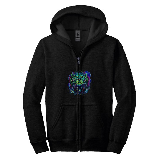 Lion Pet Cyborg Robot Lion Cool Alien Outer Space Artistic Retro Zip Hoodies
