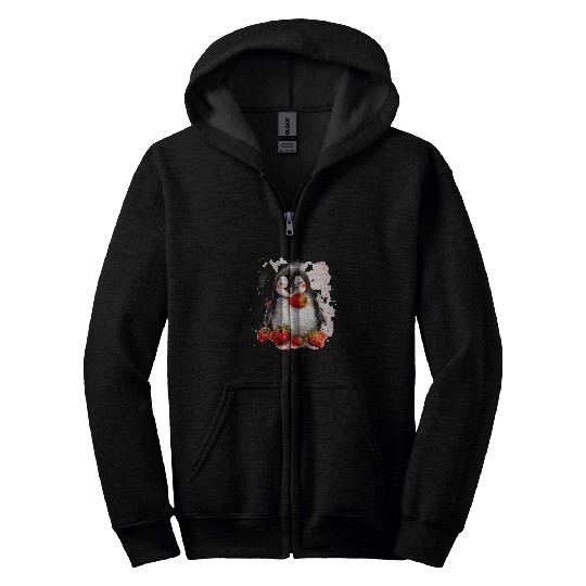 Penguin Pet Strawberry Penguin Strawberry Fruit Watercolor Drawing Zip Hoodies