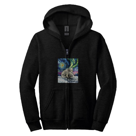 Bear Pet Polar Bear Family Northern Lights Starry Night Art by Aja Zip Hoodies
