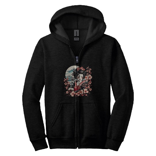 Japanese Geisha With Mount Fuji And Pagoda Cherry Blossom 4 Zip Hoodies