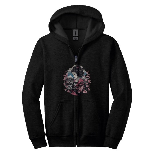 Japanese Geisha With Mount Fuji And Pagoda Cherry Blossom 16 Zip Hoodies