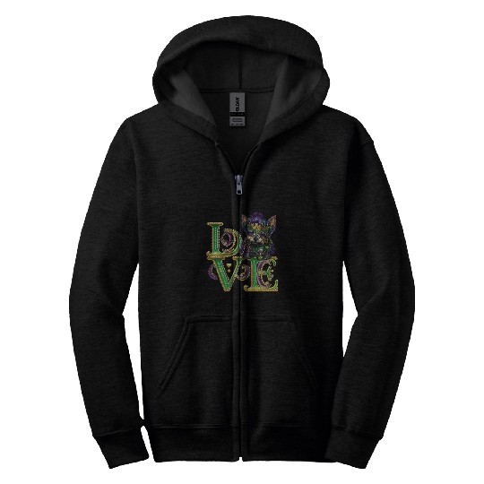 Mardi Gras Yorkie Word LOVE Masquerade Zip Hoodies