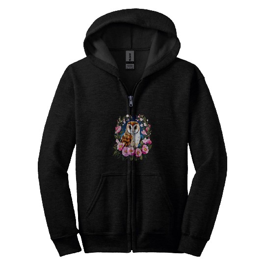 Owl Pet Cute European Barn Owl Surrounded by Bold Spring Flowers Zip Hoodies