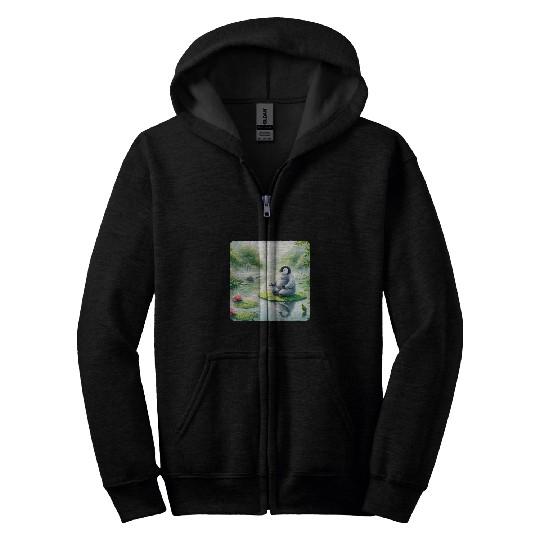 Penguin Pet Meditates On Pond Leaf Lotus Position Greenery Zip Hoodies