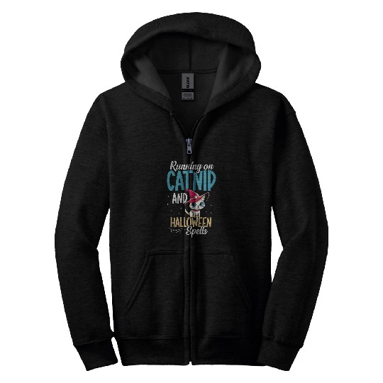 Running On Catnip And Halloween Spells Owner Halloween Cat Zip Hoodies