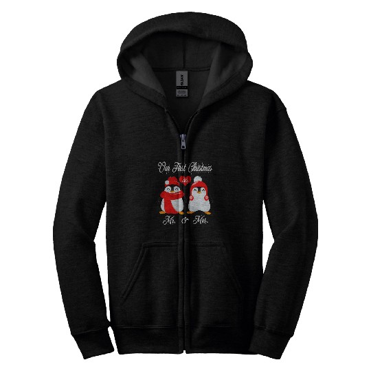 Penguin Pet Our First Christmas as Mr and Mrs Matching Couples Penguin Zip Hoodies