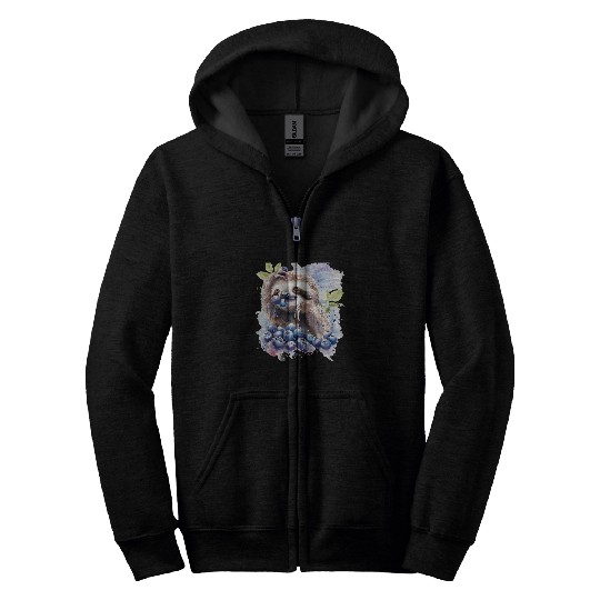 Sloth Pet Blueberry Sloth Watercolor Nature Wildlife Safari Drawing Zip Hoodies