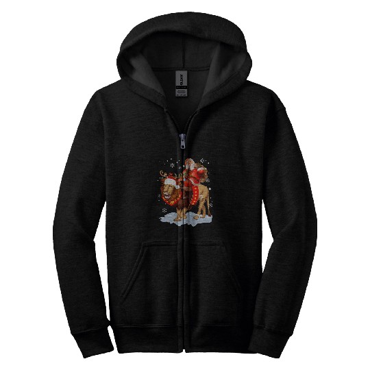 Lion Pet xmass Matching Funny Santa Riding Mountain Lion Christmas Zip Hoodies