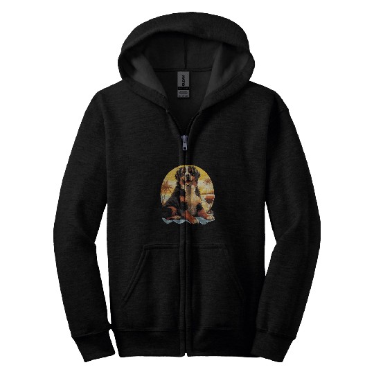 Bernese Mountain Dog Sunset Tropical Beach Zip Hoodies