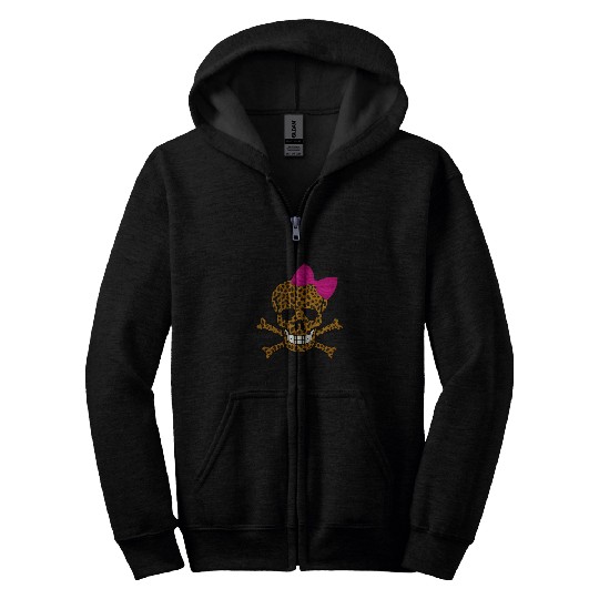 Chic Leopard Print Pirate Skull And Crossbones Pink Bow Zip Hoodies