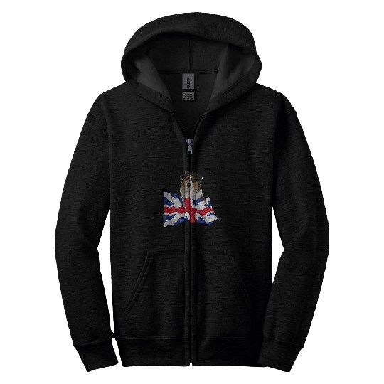 Union Jack Flag Dog Australian Shepherd Zip Hoodies