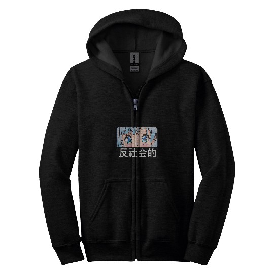 antis Social Anime Girl Kawaii Waifu Manga Japanese Text Art Zip Hoodies