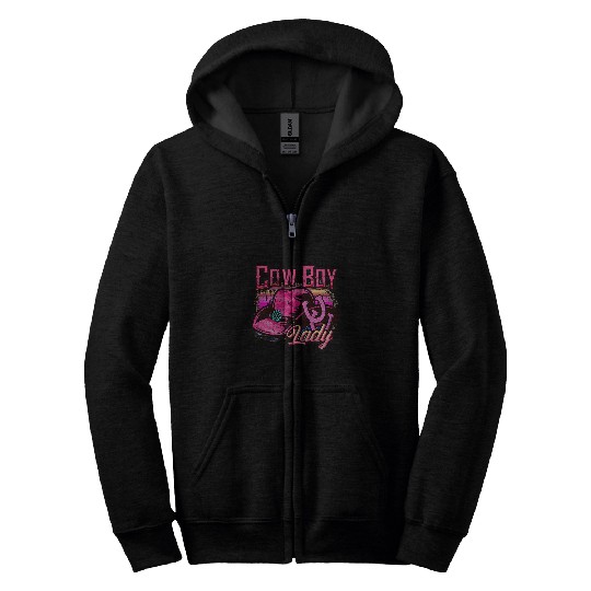 Cowboy Lady Western Country Cowgirls Hat Pink Horseshoe Zip Hoodies