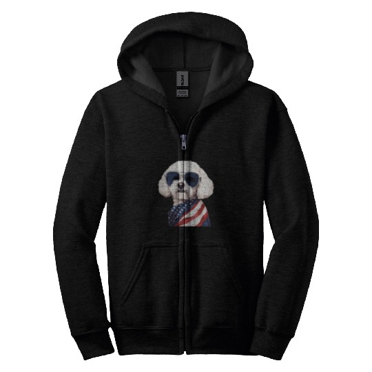 Bichon Frise with USA Flag Independence Day Zip Hoodies