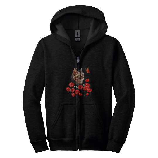 Cat Kitten Butterfly Poppies Flower Spring Lover Zip Hoodies