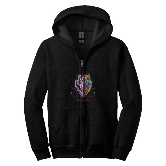 Geometric Tiger Face Black And White And Color Art Gift Zip Hoodies