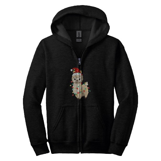 Llama Lover Christmas Animal Llama Fairy Lights Hat Zip Hoodies