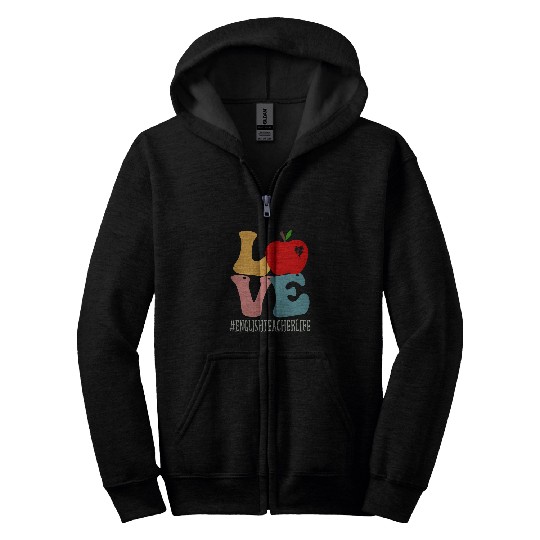 English Teacher Love Apple Groovy Retro Cute Back To School Zip Hoodies