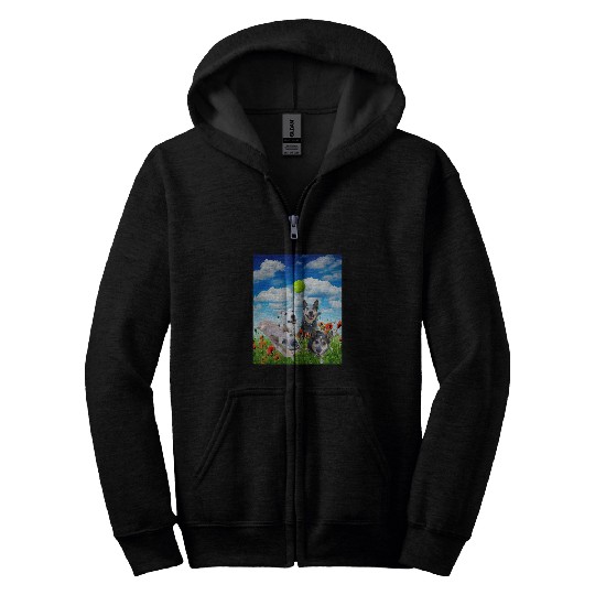 Blue Red White Heeler Cattle Dogs Playing Ball Zip Hoodies