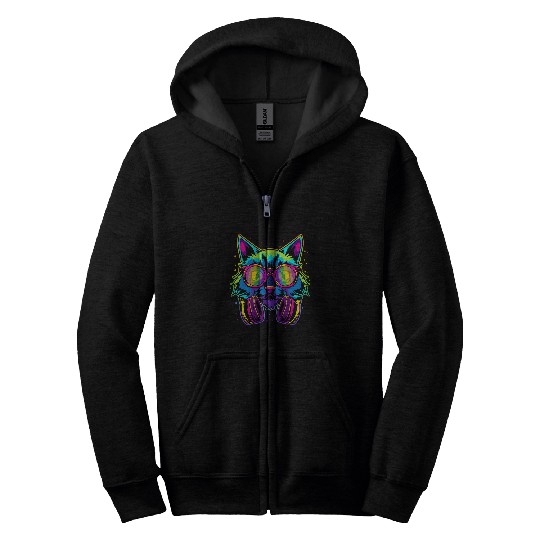 DJ Cat With Headphones Rave EDM Festival Pet Music Cat Lover Zip Hoodies