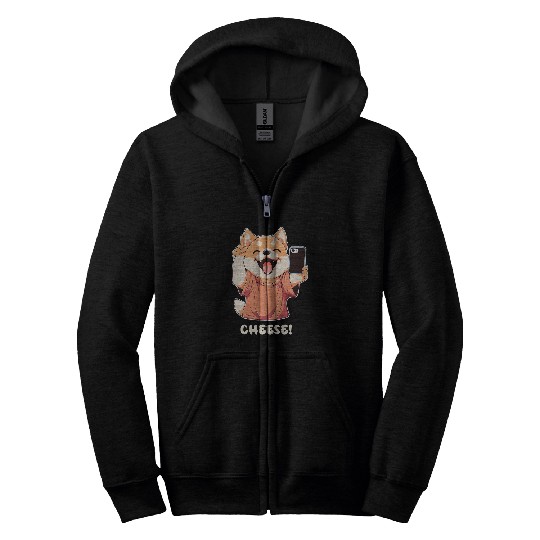 Cute Pomeranian Dog Taking a Photo Cheese Zip Hoodies