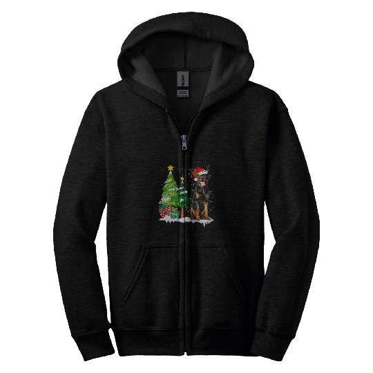 Dog Rottweiler Santa Hat Reindeer Christmas Lights Zip Hoodies