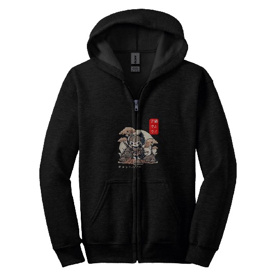 Cool Warrior Cat in Samurai Ninja Armor Japanese Art Anime Zip Hoodies