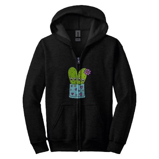 Cacti Couple In Cute Pot Zip Hoodies