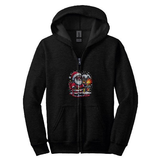 Funny Santa as a Firefighter Putting out a Fires in a house 3 Zip Hoodies