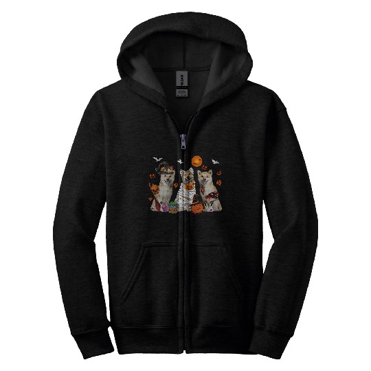 Dog Shiba Inu Three Shiba Inu Dogs Witch Scary Mummy Halloween Zombie Zip Hoodies