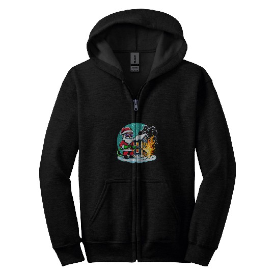 Funny Santa as a Firefighter Putting out a Fires in a house 2 Zip Hoodies