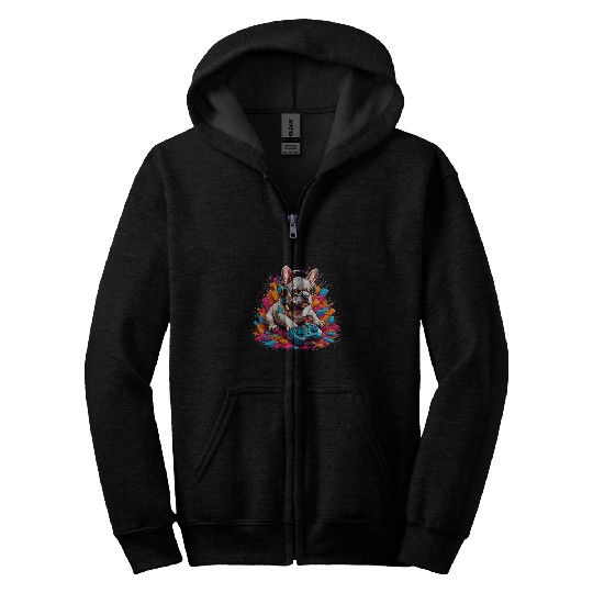 Controller Cuddles French Bulldog Puppy Gamer Playing Games Zip Hoodies