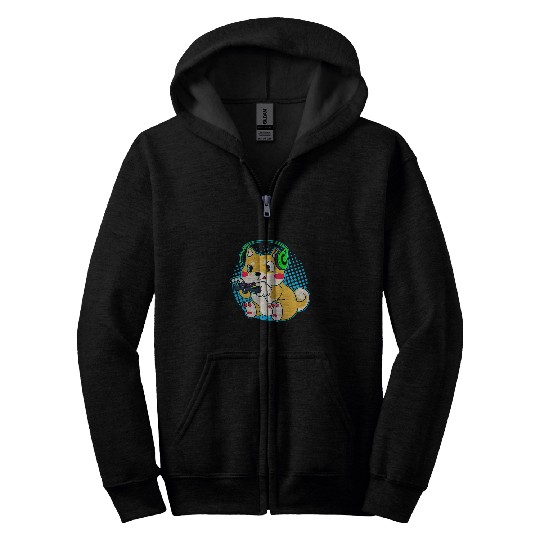 Cute Shiba Inu Dog Video Gamer Gaming Zip Hoodies
