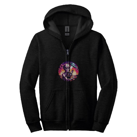 Cute Alien French Bulldog Friendship Funny vintages UFO Zip Hoodies