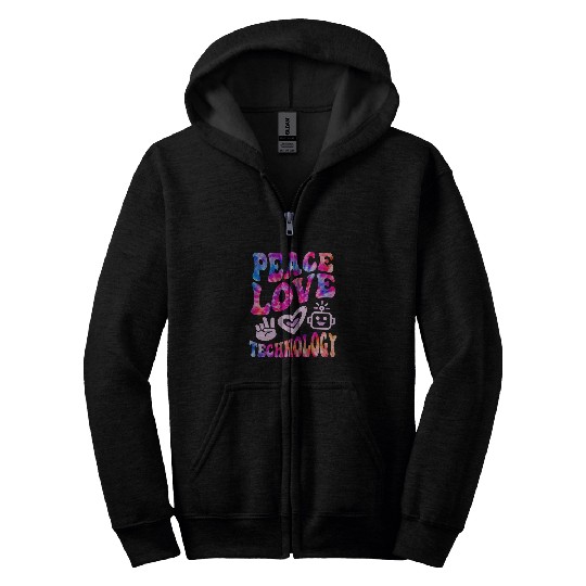 Retro PEACE LOVE TECHNOLOGY vintages Computer Teacher Vibes Zip Hoodies