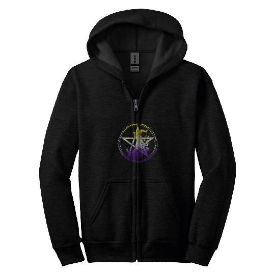 Nonbinary Cat Pentagram Pagan Witch NB Enby Pride Floral Zip Hoodies
