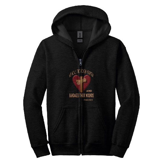 He Heals The Broken Hearted Bandages Wounds Bible Verse Zip Hoodies