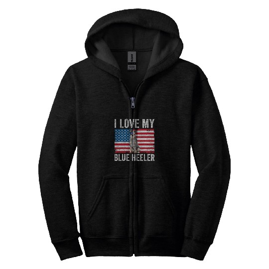 I Love My Blue Heeler Australian Cattle Dog American Flag Zip Hoodies