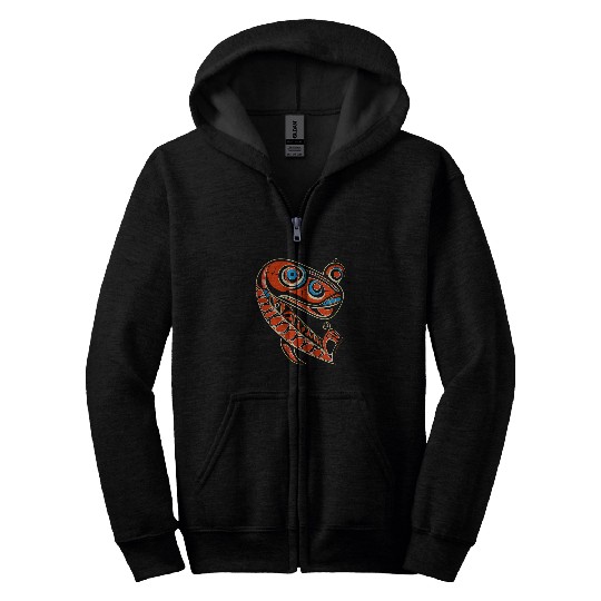 Salmon Fish in Pacific Northwest Coast Native American Style Zip Hoodies